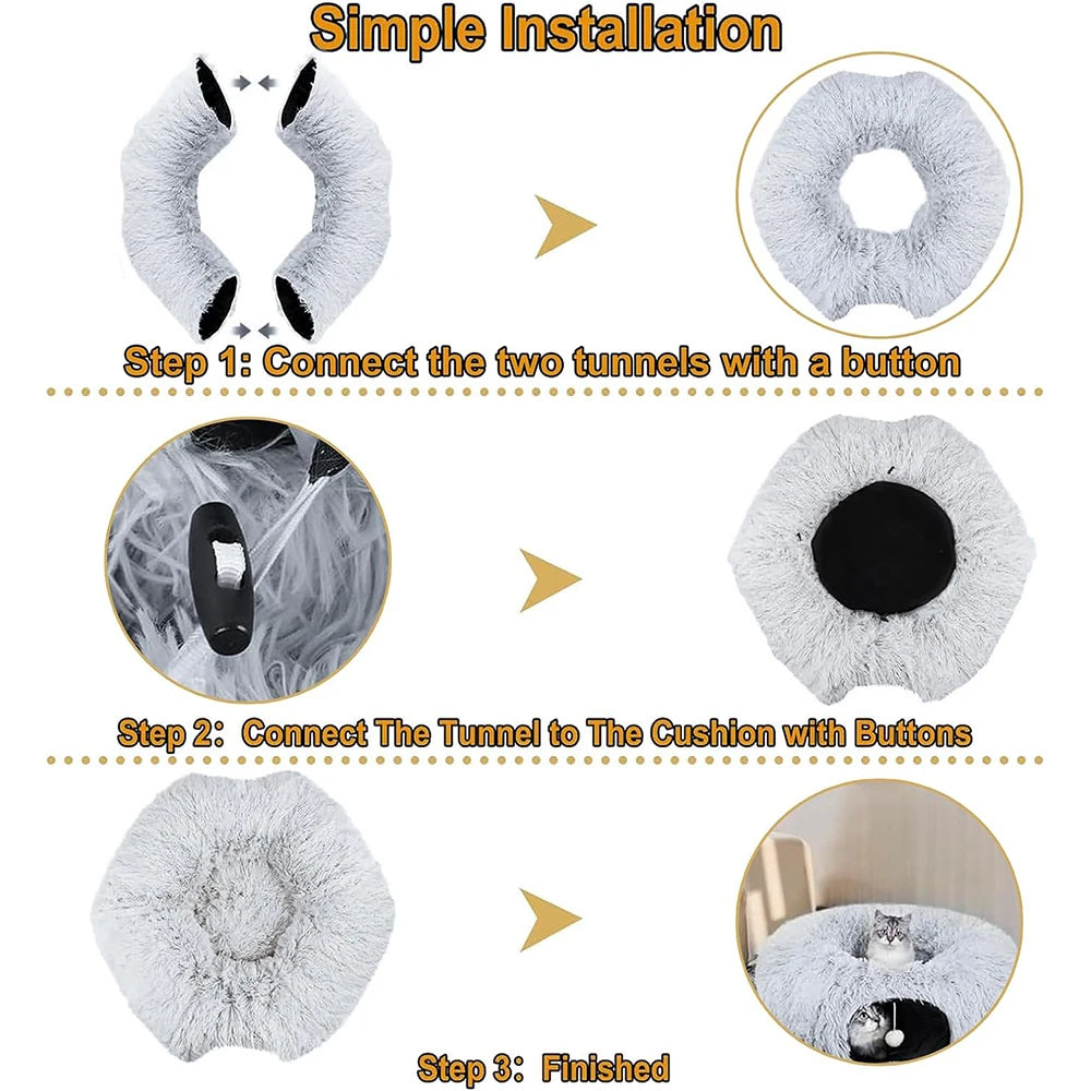 Plush Cat Tunnel Bed Cosy 2-in-1 Hideaway