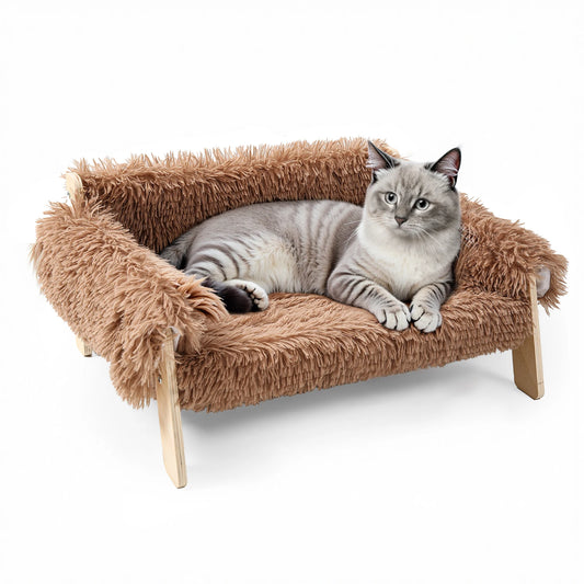 Elevated Plush Cat Sofa Bed with Wooden Leg Design