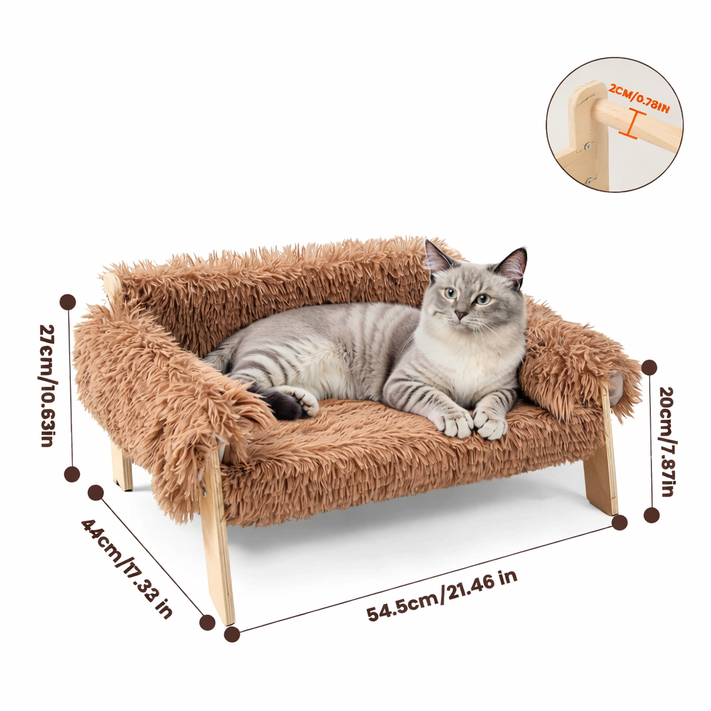 Elevated Plush Cat Sofa Bed with Wooden Leg Design