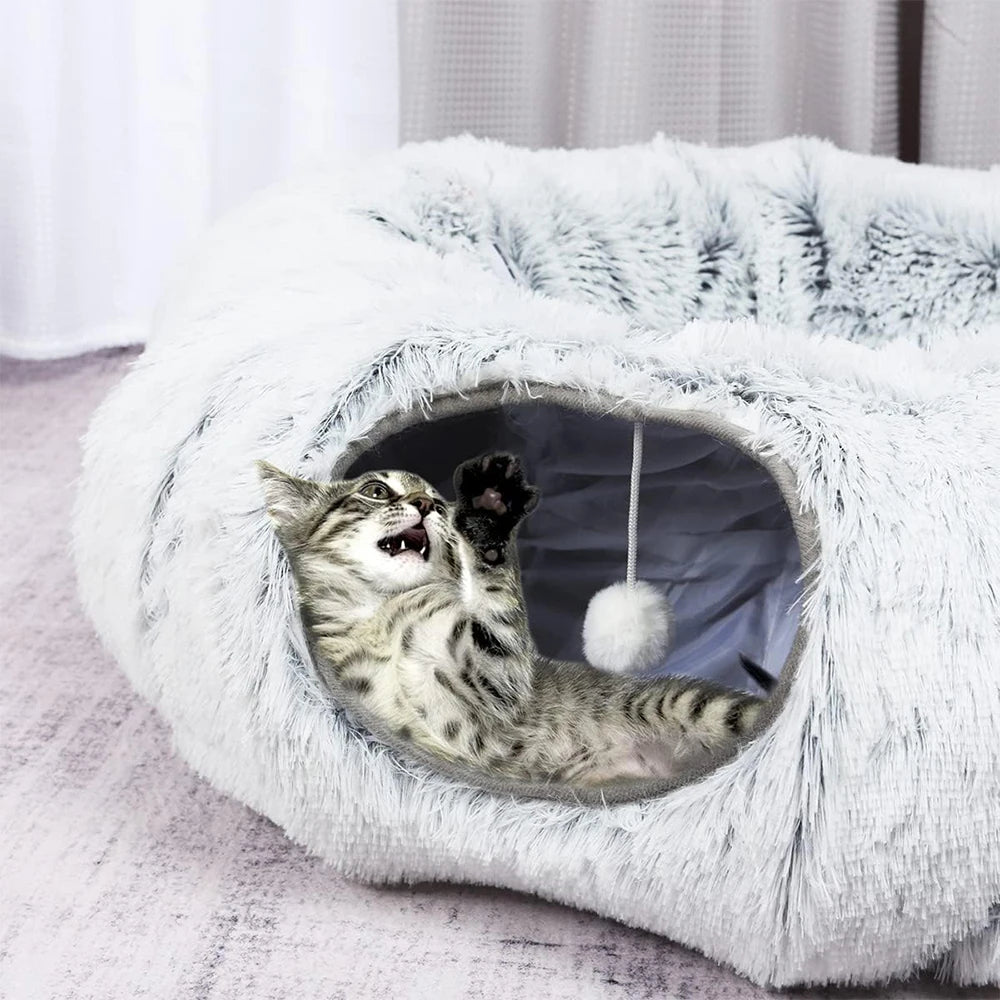 Plush Cat Tunnel Bed  Cosy 2-in-1 Hideaway