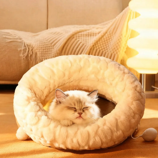 Enclosed Plush Cat Snuggle Bed Calming Hideaway
