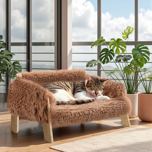Elevated Plush Cat Sofa Bed with Wooden Leg Design