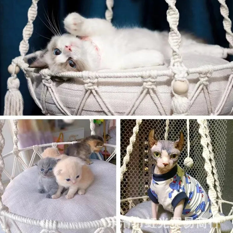 Handwoven Cat Hammock Bed Hanging Cotton Rope Nest