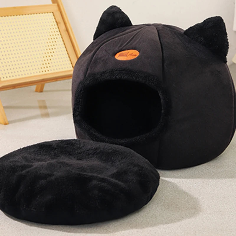 Plush Cat Cave Bed Confortable Cosy Semi-Enclosed Hideaway