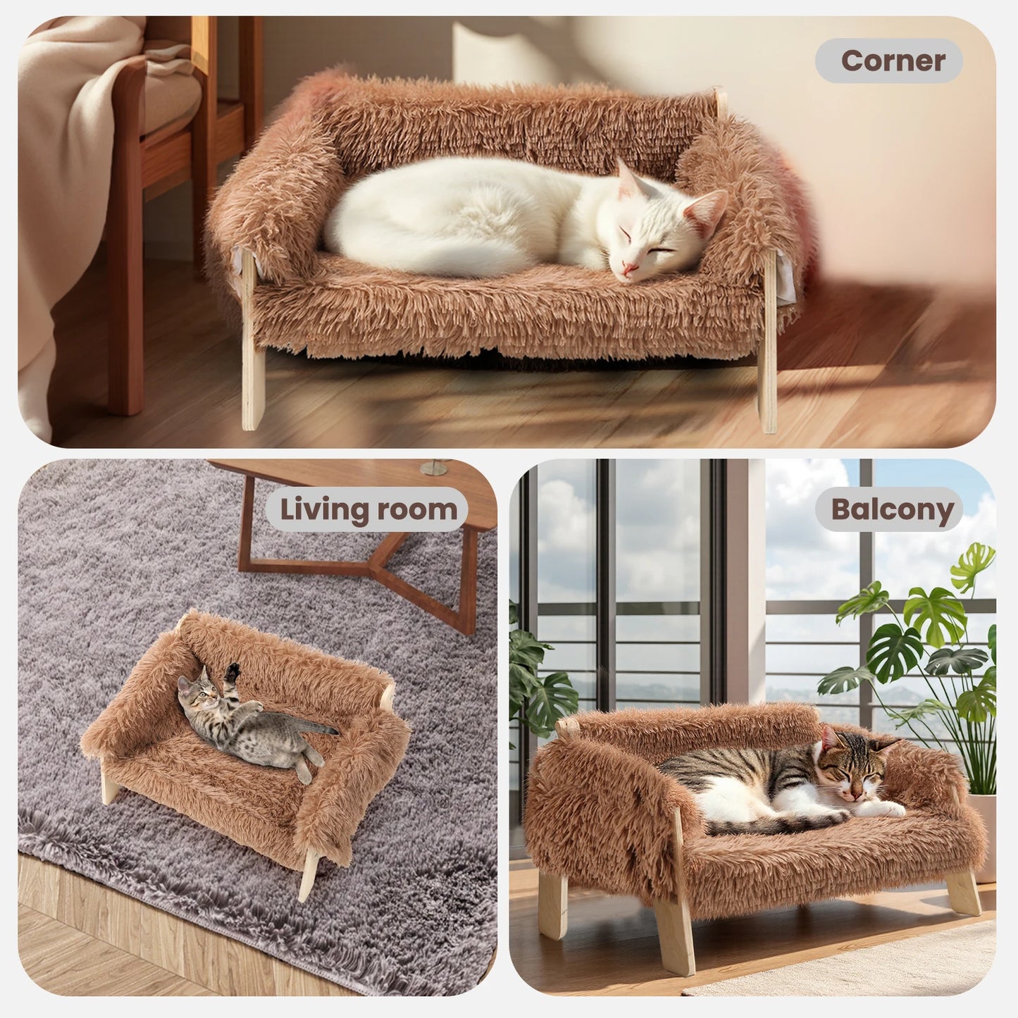 Elevated Plush Cat Sofa Bed with Wooden Leg Design