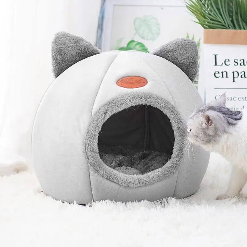 Plush Cat Cave Bed Confortable Cosy Semi-Enclosed Hideaway