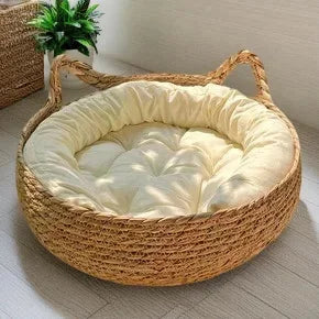 Rattan Cat Basket Bed with Round Cushion Cosy Nest for Cats & Dogs