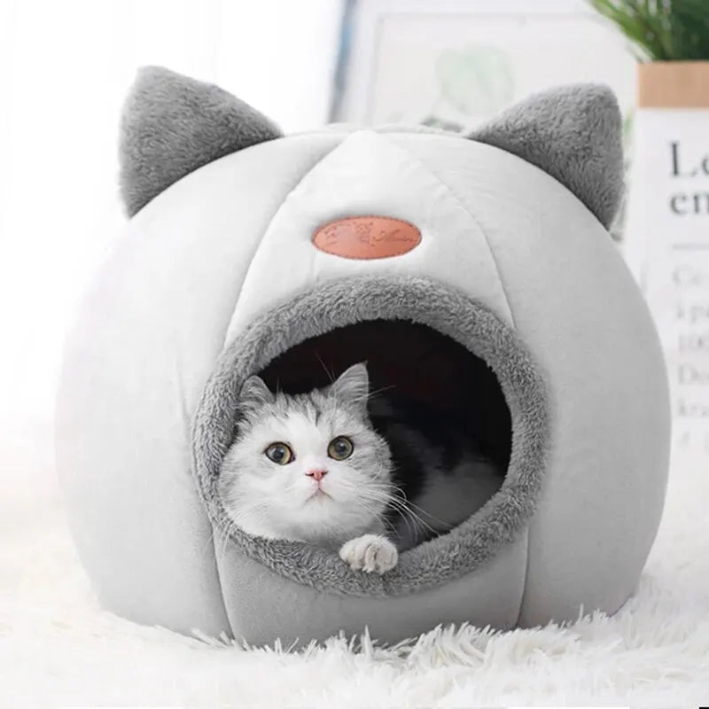 Plush Cat Cave Bed Confortable Cosy Semi-Enclosed Hideaway