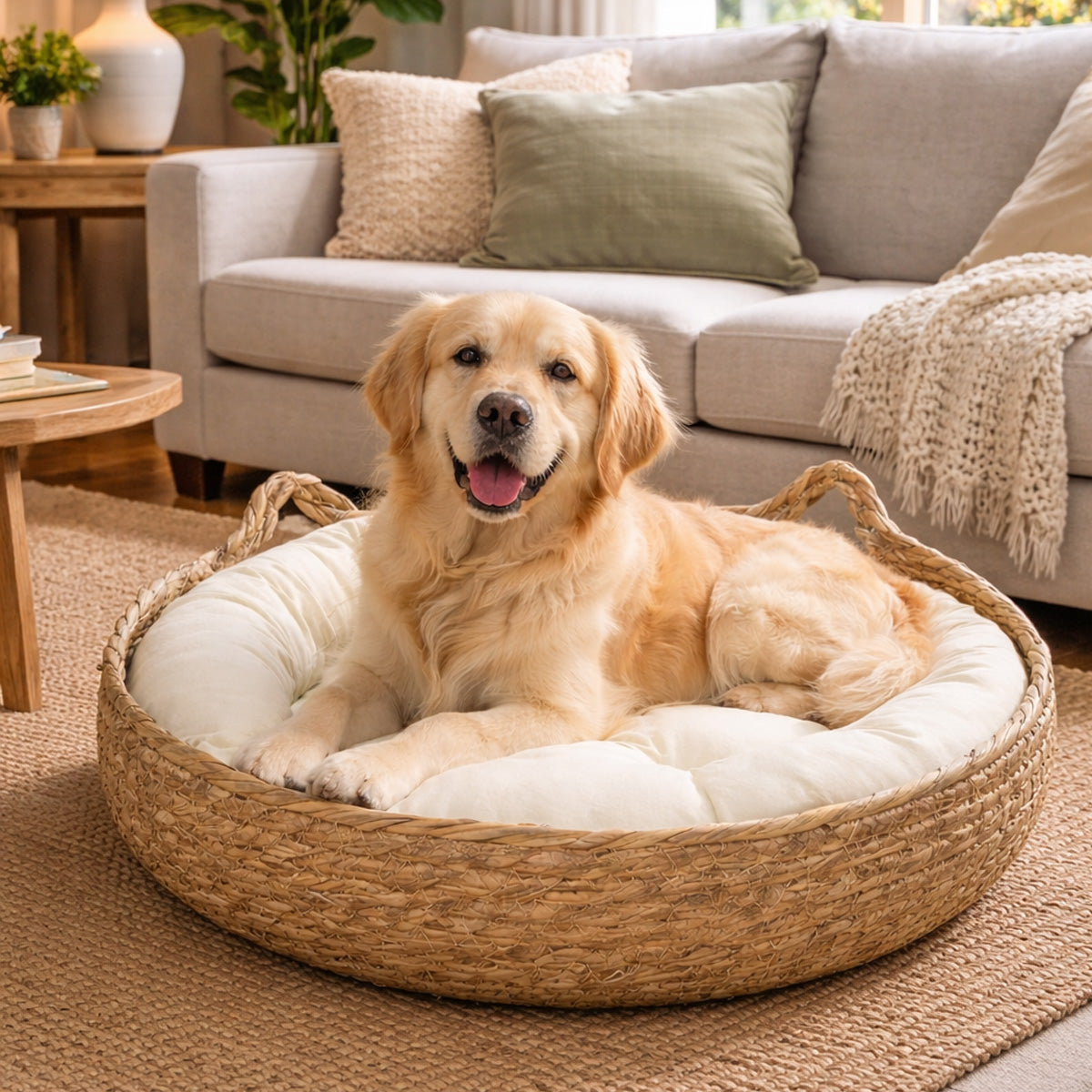 Rattan Cat Basket Bed with Round Cushion Cosy Nest for Cats & Dogs
