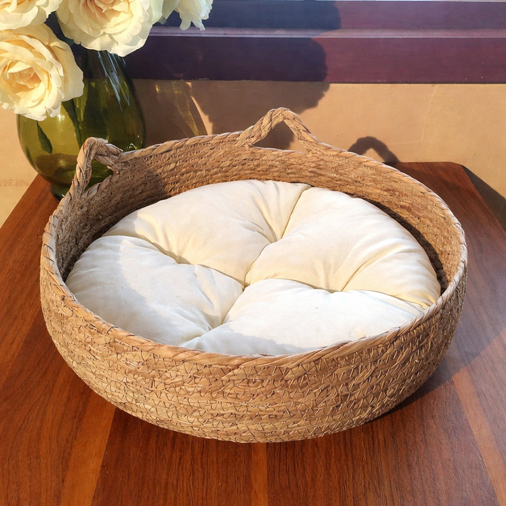 Rattan Cat Basket Bed with Round Cushion Cosy Nest for Cats & Dogs