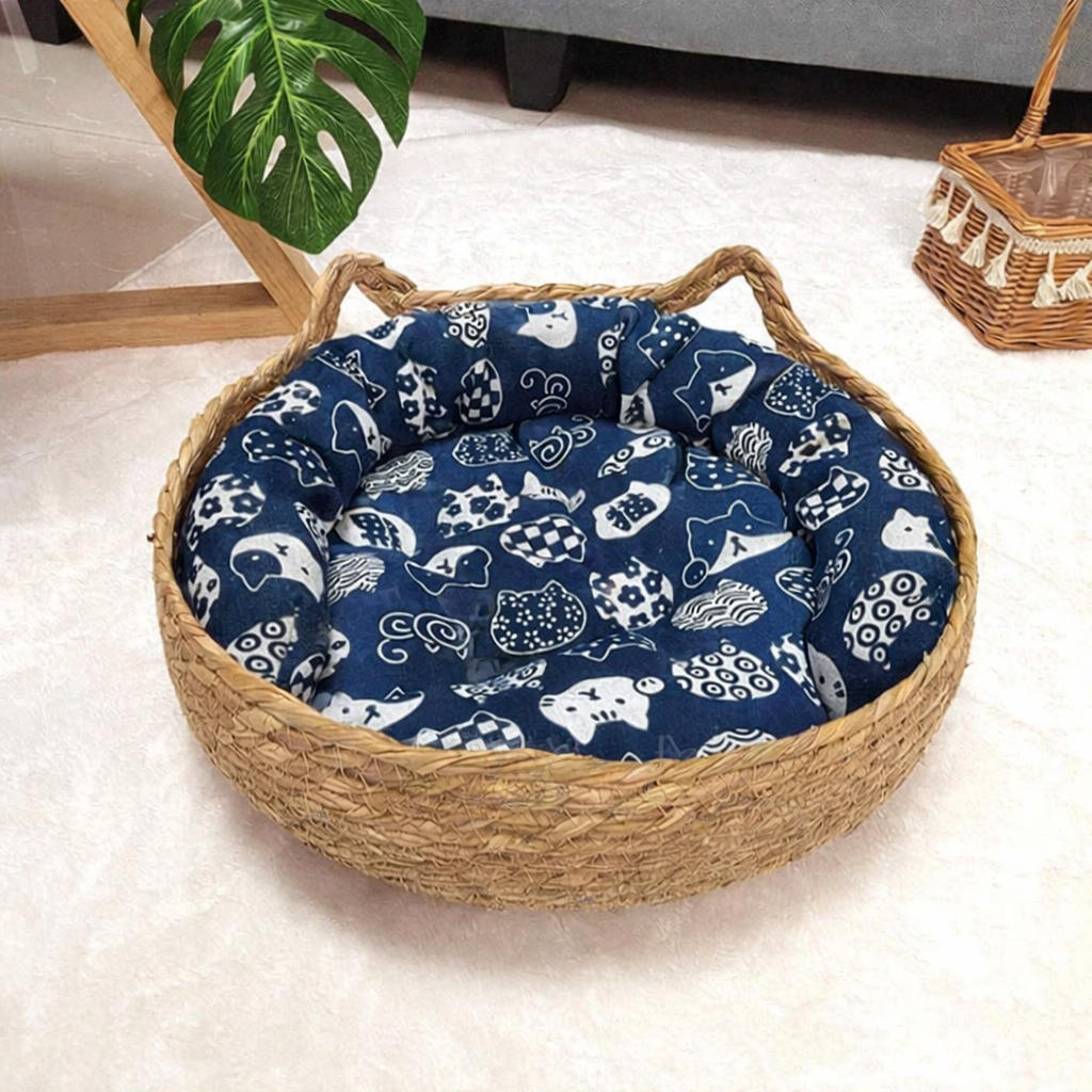 Rattan Cat Basket Bed with Round Cushion Cosy Nest for Cats & Dogs