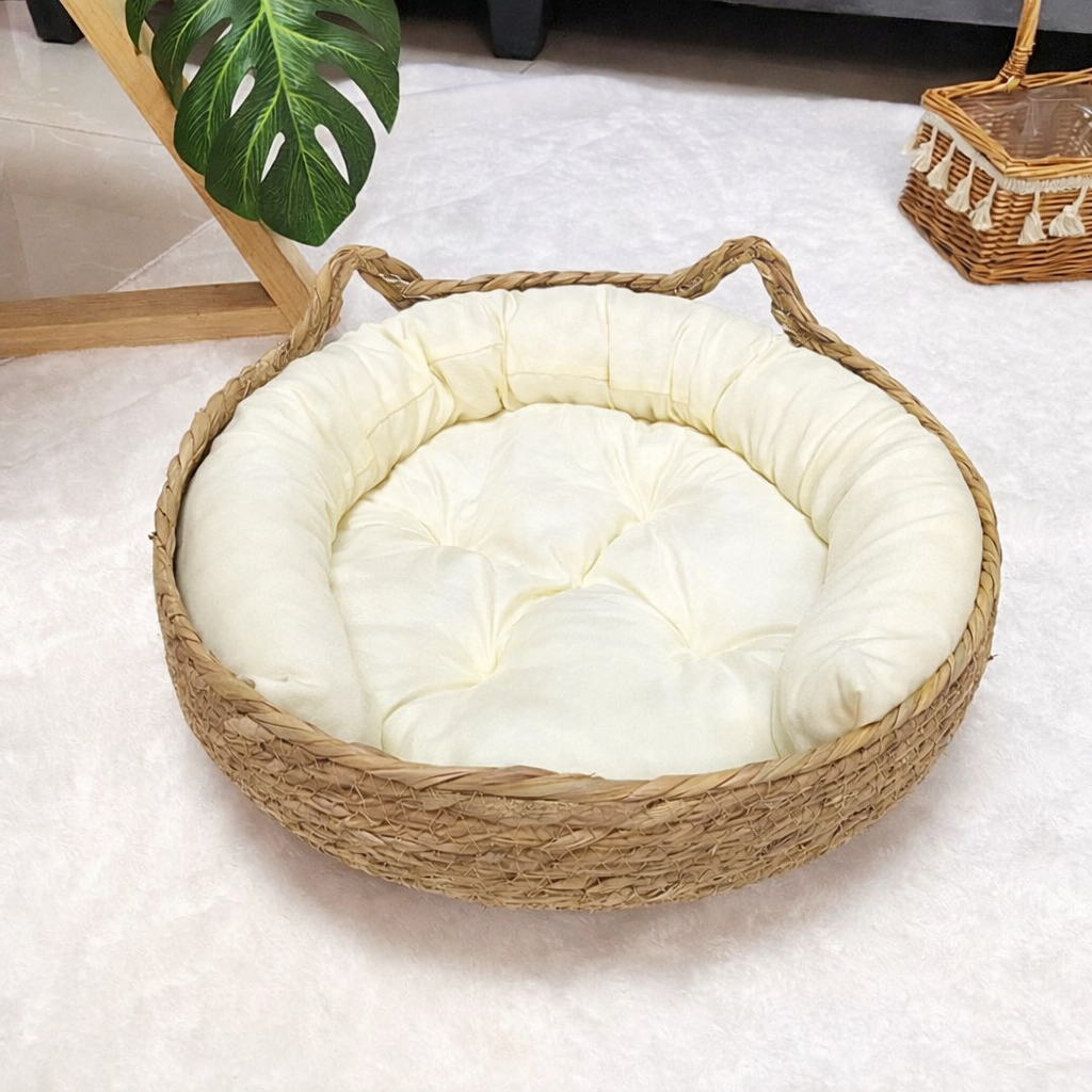 Rattan Cat Basket Bed with Round Cushion Cosy Nest for Cats & Dogs