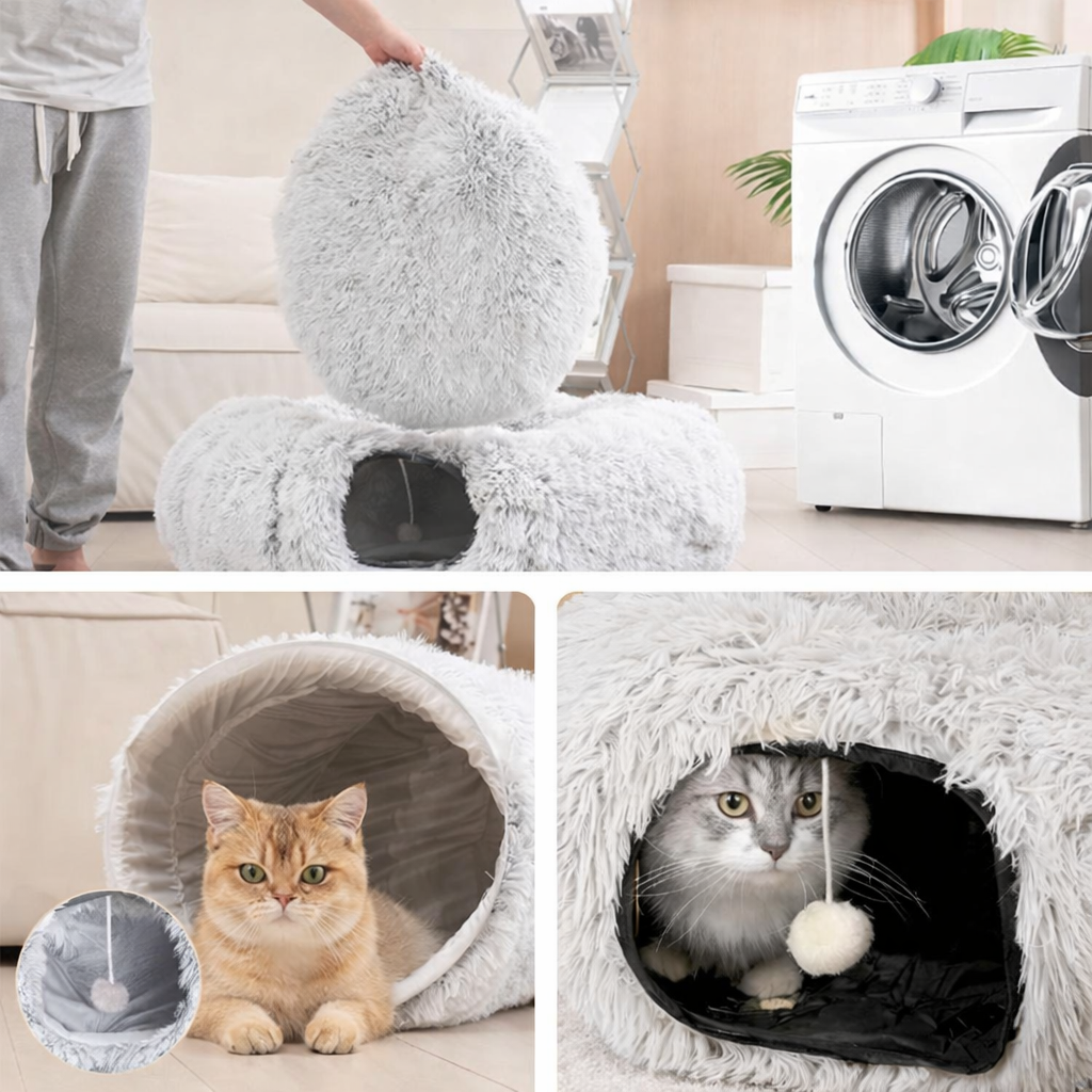 Plush Cat Tunnel Bed  Cosy 2-in-1 Hideaway